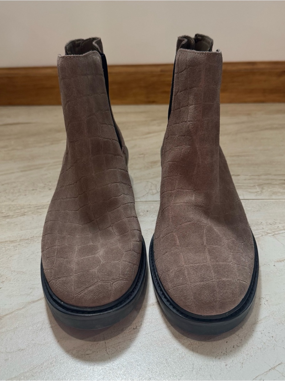 Vince Camuto Taupe Croc-Embossed Chelsea Booties